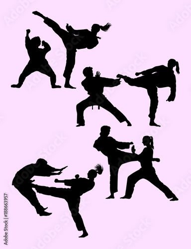 Silhouette of couple exercising karate martial art 01. Good use for symbol, logo, web icon, mascot, sign, or any design you want.