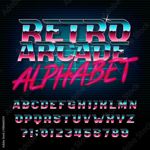 Retro arcade alphabet font. Metallic effect shiny oblique letters and numbers. Vector typeface for your design.