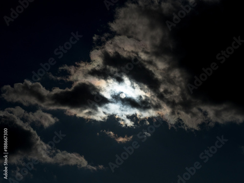 雲にフィルターされた白い太陽と暗い空