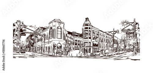 Los Angeles City in California. Hand drawn sketch illustration in vector.