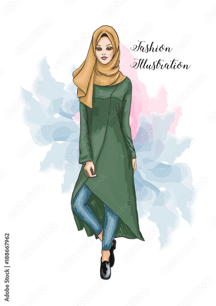 Beautiful young woman in hijab. Stylish traditional clothes. Fashion for  Muslim women. Fashion portrait. Hand drawn sketch. Vector illustration.  Stock-Vektorgrafik | Adobe Stock