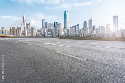 Road ground and Chongqing urban architectural landscape skyline