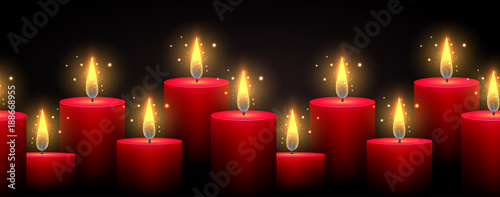 Seamless border with luminous candles on a dark background. Vector border for your creativity