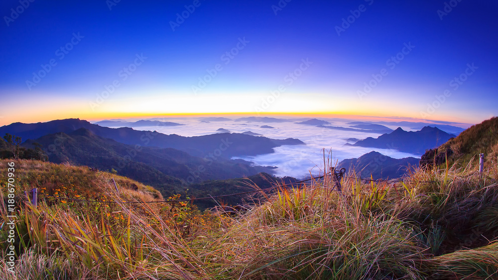 top view at the mountain with fog