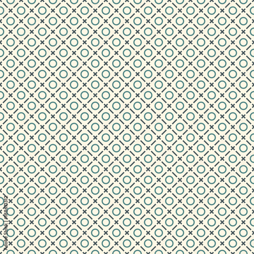 Minimalist abstract background. Simple print with mini crosses, rings and diagonal lines. Geometric seamless pattern.
