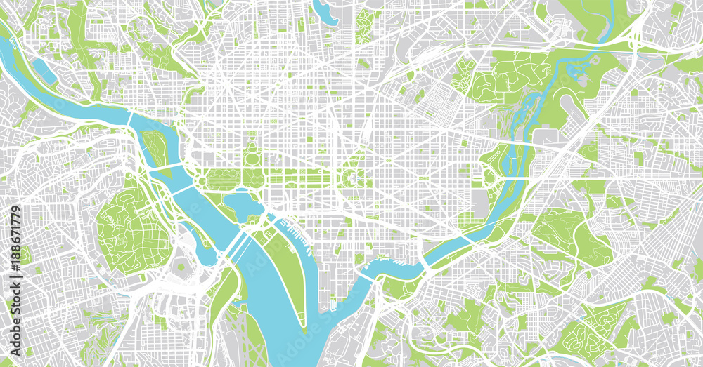 Urban vector city map of Washington D.C, USA