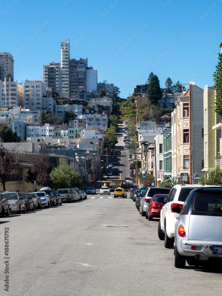 Parked cars on the San Francisco streets. Streets of San Francisco with a cars parked on the side of the road