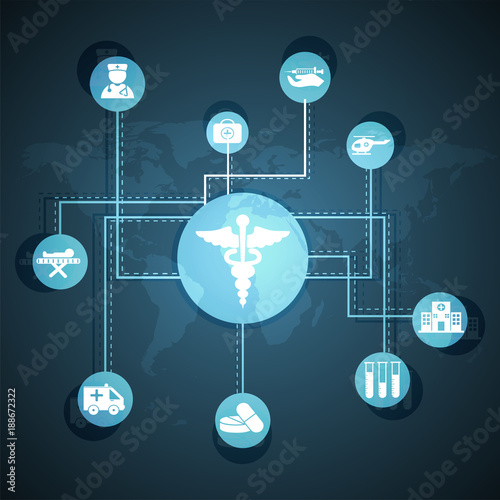 Medical Blockchain network concept , Distributed ledger, computer connection technology, matrix coded background.