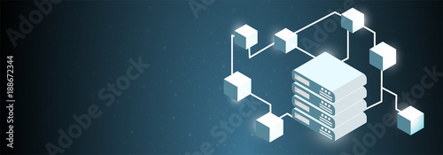 Blockchain network concept , Distributed ledger, computer connection technology, matrix coded background.