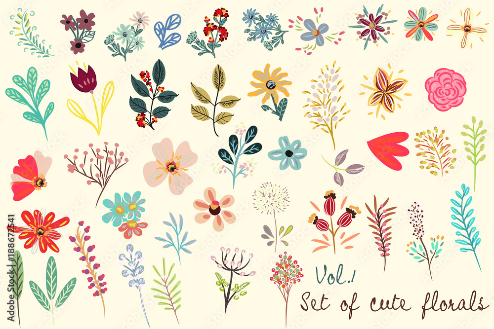 Fototapeta premium Collection of vector cute florals in rustic simple style. Great for fabric designs