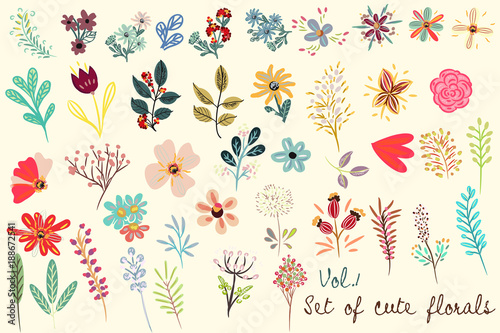 Collection of vector cute florals in rustic simple style. Great for fabric designs