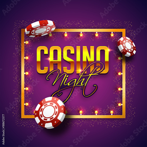 Golden text Casino night with 3D chip, marquee frame on sparkling purple background.
