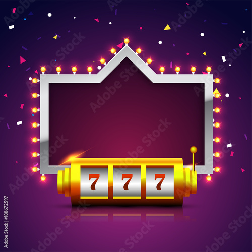 Lucky 777 slot on machine with marquee  sparkling purple background.