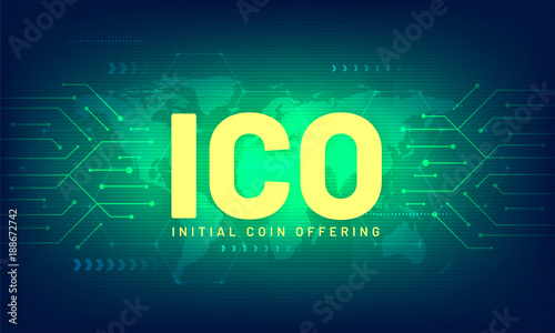 ICO initial coin offering futuristic hud background with world map and blockchain peer to peer network. Global cryptocurrency ICO coin sale event - blockchain business banner concept.