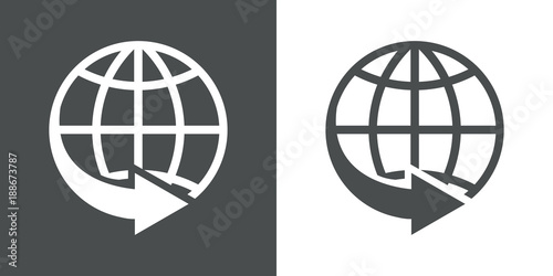 Icono plano mundo con flecha en gris y blanco