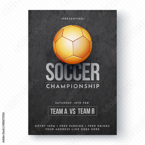 Golden soccer ball, soccer championship flyer or poster design.