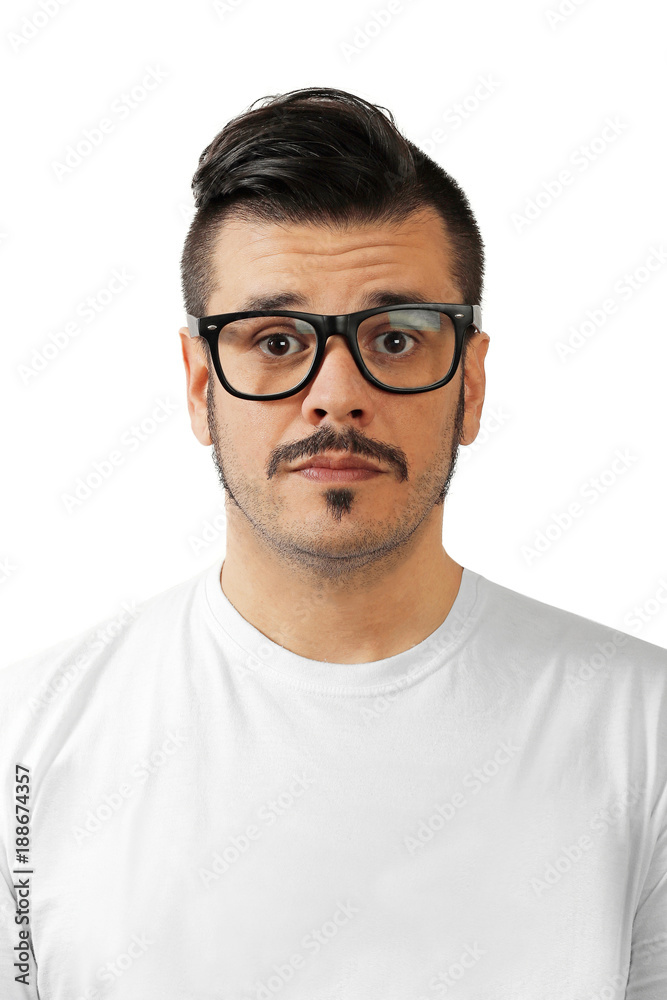 Mustache man and white shirt with white background