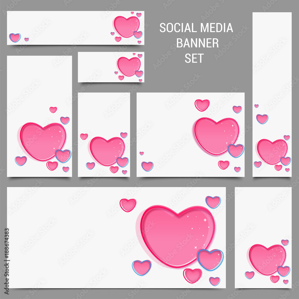 Social Media Post or Banners with glossy pink hearts, Love or Valentines Day Concept.