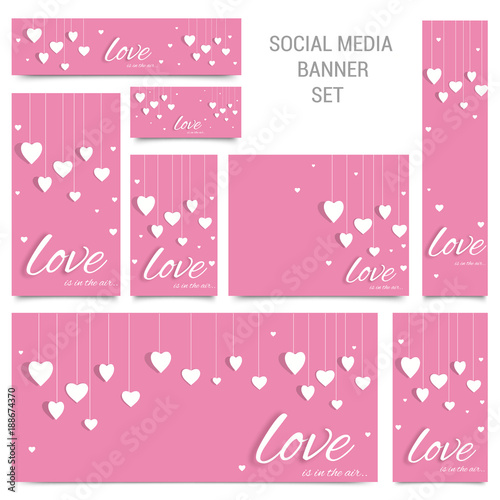 Social Media Post or Banners with hanging white paper hearts on pink background.