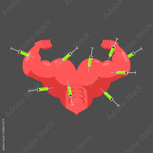 Doping for love. Strong heart and steroids. Syringe with anabolic. Bodybuilder love. Vector illustration