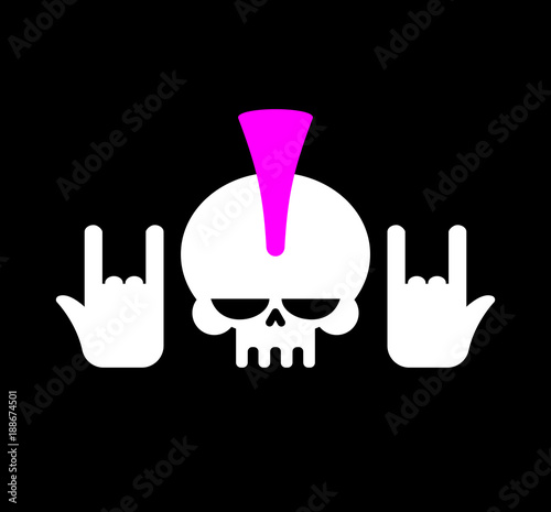 Punk skull with mohawk and rock hand. head of skeleton. Vector illustration