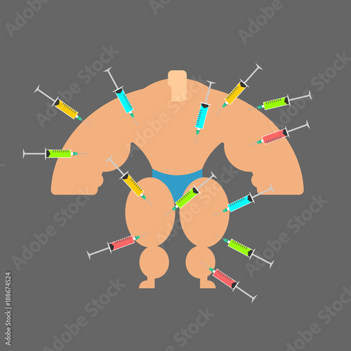 Doping for Bodybuilder. Strong man and steroids. Syringe with anabolic. Vector illustration