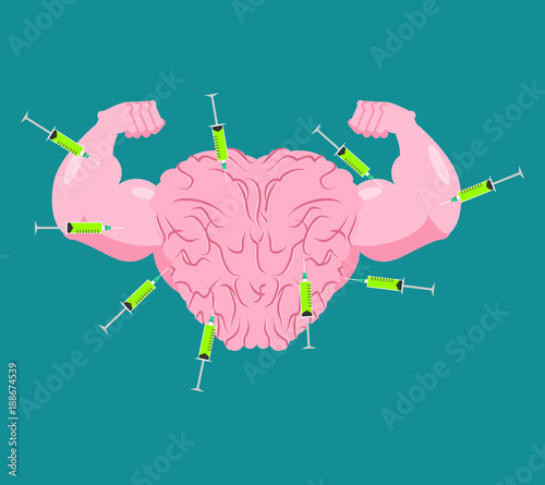 Doping for Brain. Strong Mind and steroids. Syringe with anabolic. Bodybuilder Memory. Vector illustration