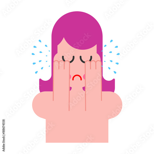 Woman is crying. female hysterics. Fountains of tears. Lot of teardrop. Sadness and suffering Vector illustration.