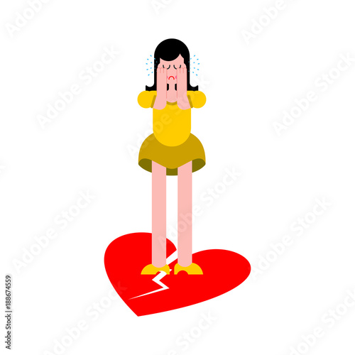 Broken heart. End of love. Woman is crying. female hysterics. Lot of tears. Fountains of teardrop. Sadness and suffering Vector illustration.