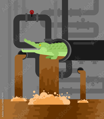 Alligator sewerage. Crocodile in sewer. Predator animal. City legend. Vector illustration