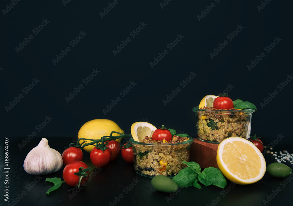 Vegan salad of vegetables, mushrooms and quinoa. Vegan salad of vegetables, mushrooms and quinoa.