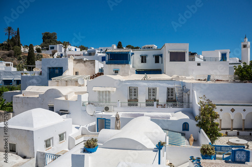  Panorama of the white city. View from above on houses and streets. Tunisia. Sidi Bou Said.