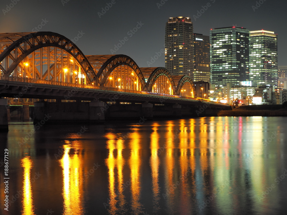 Naklejka premium 淀川と大阪の夜景,Yodo River and The nigth view of Osaka Kita,