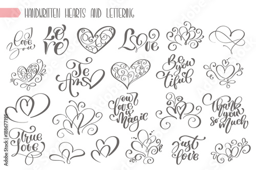Big set hand written lettering about love to valentines day and heart design poster, greeting card, photo album, banner, flourish calligraphy vector illustration collection photo