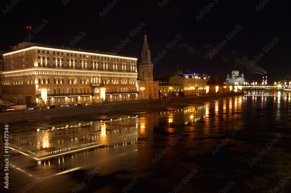 Sofiyskaya embankment on a winter evening, Moscow, Russia. Christmas illumination in night