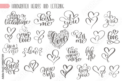 Big set hand written lettering about love to valentines day and heart design poster, greeting card, photo album, banner, flourish calligraphy vector illustration collection photo