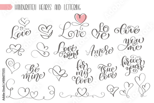 Big set hand written lettering about love to valentines day and heart design poster, greeting card, photo album, banner, flourish calligraphy vector illustration collection