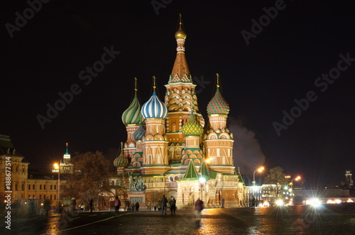 The Cathedral of the Intercession of the blessed virgin on the Moat (temple of Basil the blessed) in Red square on a winter evening, Moscow, Russia 
