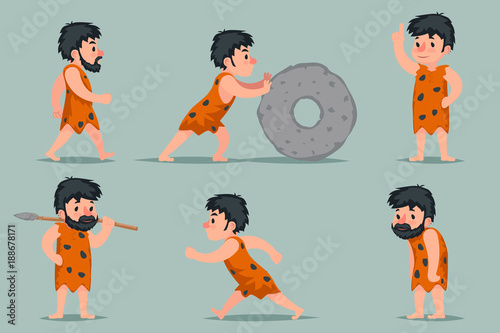 Ancient Cave Man Character Different Positions and Actions Icons Set Cartoon Design Vector Illustration