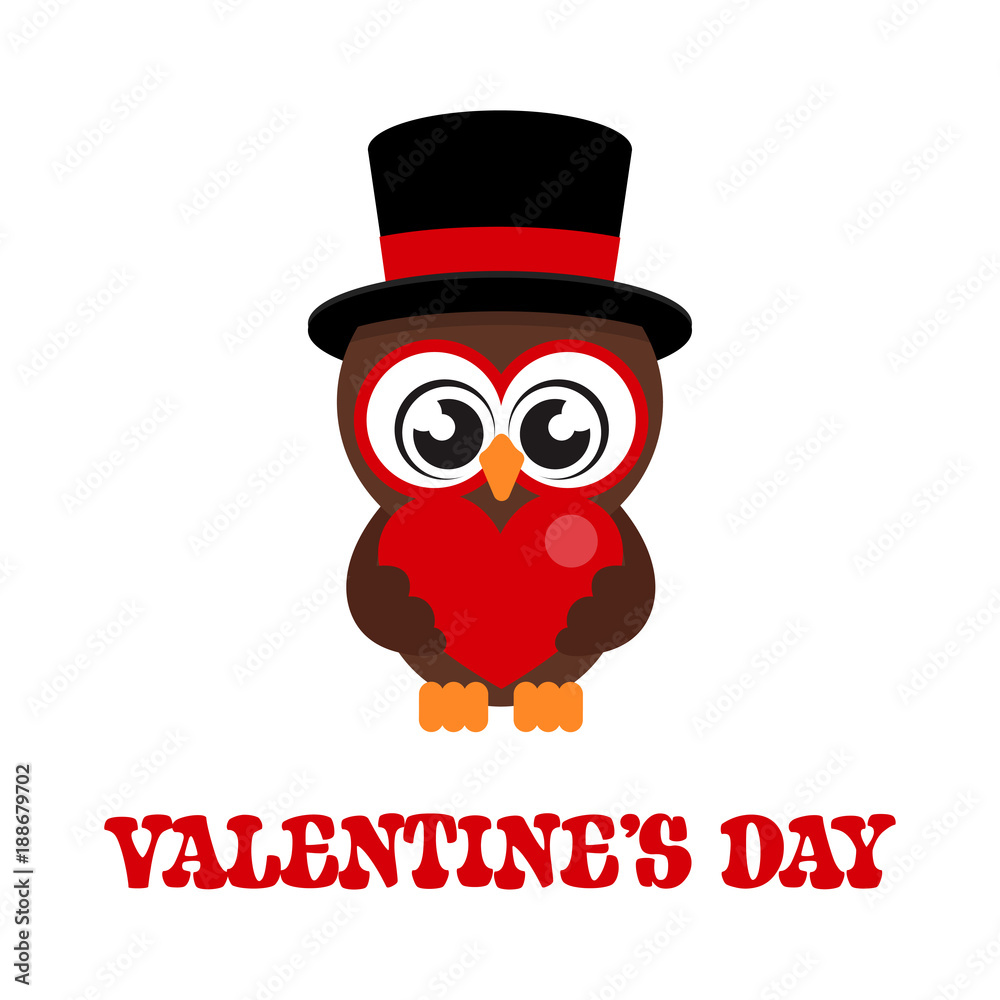 Obraz premium cartoon cute owl in hat with heart and text