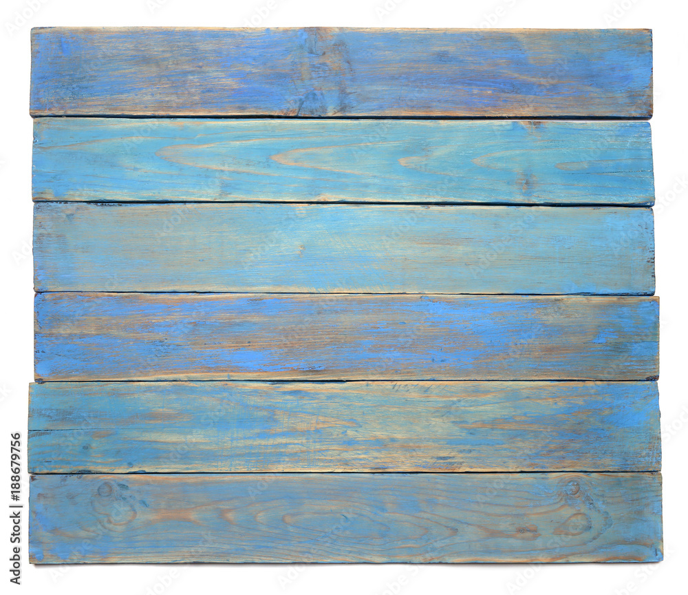 Grunge blue wood board isolated on white background. Surface of aged blue wooden planks, top view.