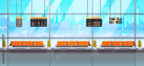Waiting Hall Or Departure Lounge Modern Airport Interior Terminal Flat Vector Illustration