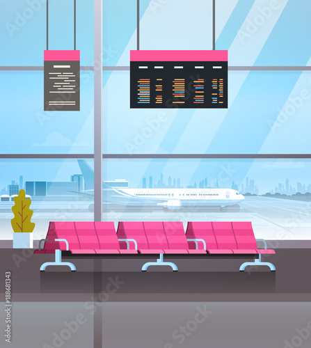 Airport Waiting Hall Departure Lounge Terminal Interior Check In Flat Vector Illustration