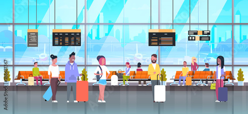 People In Airport Travelers Baggage At Waiting Hall Or Departure Lounge Terminal Check In Interior Flat Vector Illustration