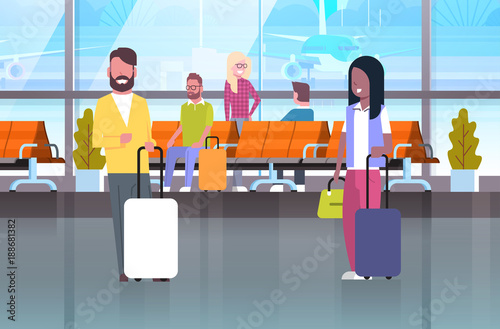 Couple Of Travelers With Suitcases At Waiting Hall Or Departure Lounge People In Airport Terminal Flat Vector Illustration