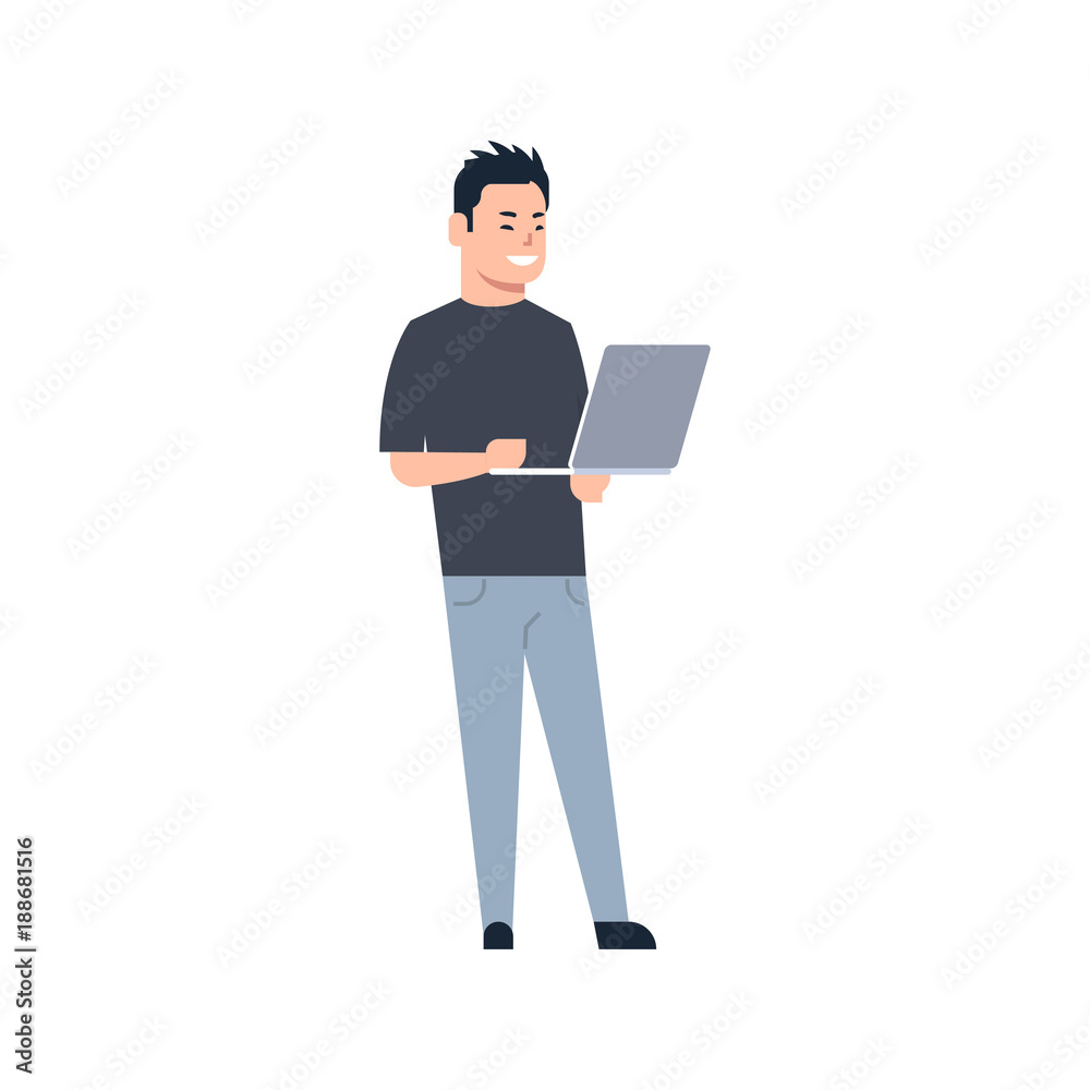 Young Asian Man Chinese Or Japanese Male Hold Laptop Computer Wearing Casual Clothes Full Length Isolated Vector Illustration Young Asian Man Chinese Or Japanese Male Hold Laptop Computer Wearing Casual Clothes Full Length Isolated Vector Illustration