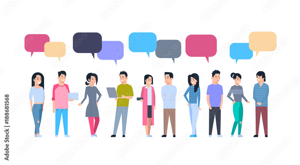 Fototapeta premium Young Asian Men And Women Group With Chat Bubbles Chinese Or Japanese Male And Female People Full Length Communication Concept Vector Illustration