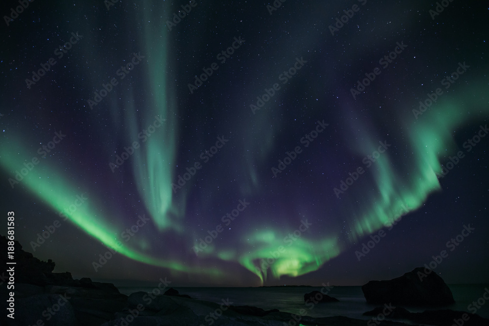 Norwegen | Polarlichter, Hauklandbeach auf den Lofoten