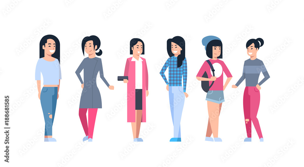 Young Asian Women Icons Set Chinese Or Japanese Female Group Wearing Modern Casual Clothes Full Length Isolated Collection Vector Illustration Young Asian Women Icons Set Chinese Or Japanese Female Group Wearing Modern Casual Clothes Full Length Isolated Collection Vector Illustration