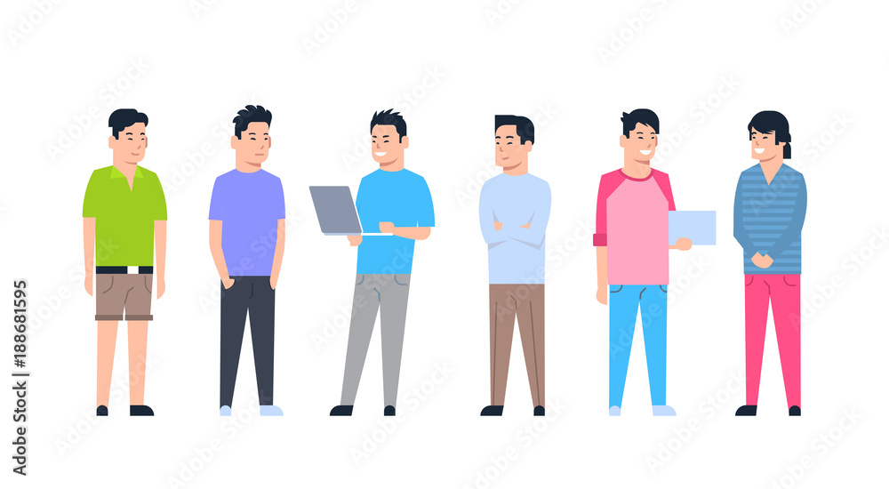 Young Asian Men Icons Set Chinese Or Japanese Male Wearing Casual Clothes Full Length Isolated Collection Vector Illustration